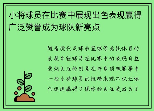 小将球员在比赛中展现出色表现赢得广泛赞誉成为球队新亮点