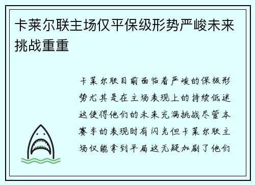 卡莱尔联主场仅平保级形势严峻未来挑战重重