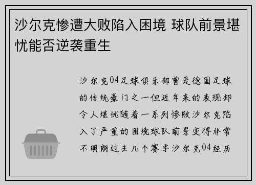 沙尔克惨遭大败陷入困境 球队前景堪忧能否逆袭重生