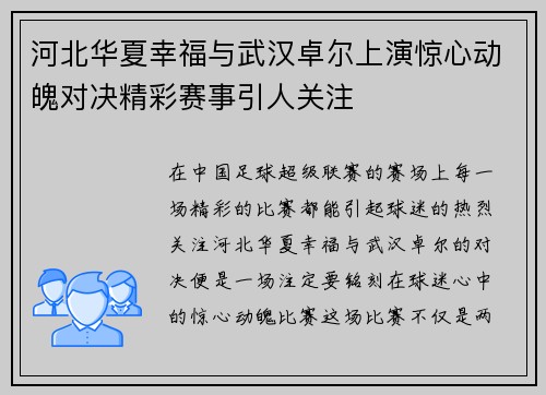 河北华夏幸福与武汉卓尔上演惊心动魄对决精彩赛事引人关注