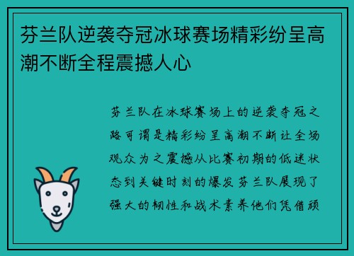 芬兰队逆袭夺冠冰球赛场精彩纷呈高潮不断全程震撼人心
