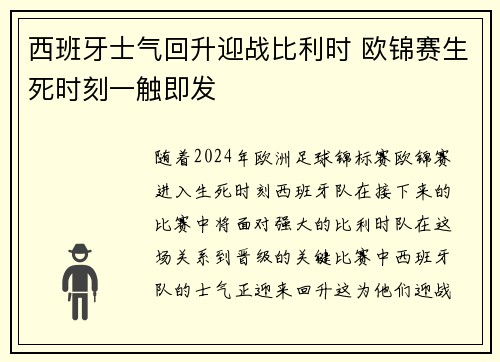 西班牙士气回升迎战比利时 欧锦赛生死时刻一触即发