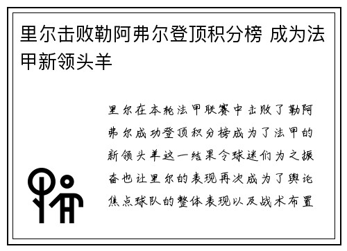 里尔击败勒阿弗尔登顶积分榜 成为法甲新领头羊