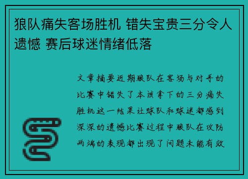 狼队痛失客场胜机 错失宝贵三分令人遗憾 赛后球迷情绪低落