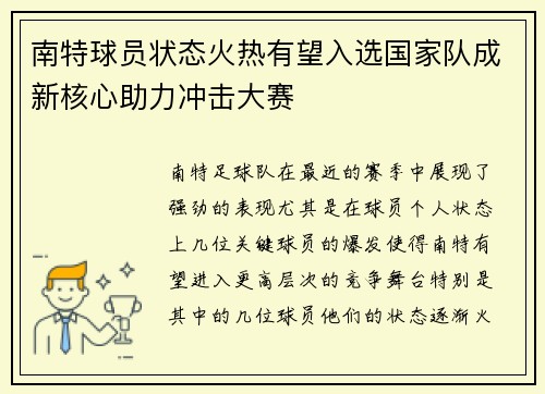 南特球员状态火热有望入选国家队成新核心助力冲击大赛