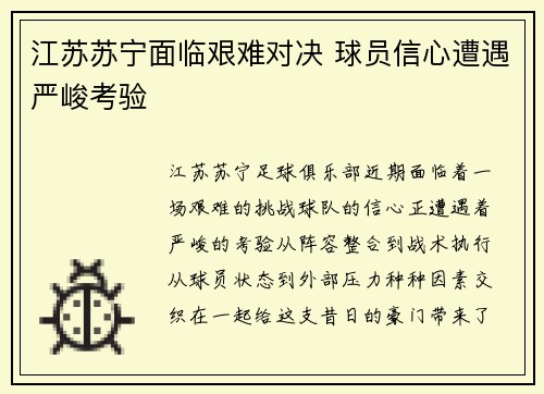 江苏苏宁面临艰难对决 球员信心遭遇严峻考验